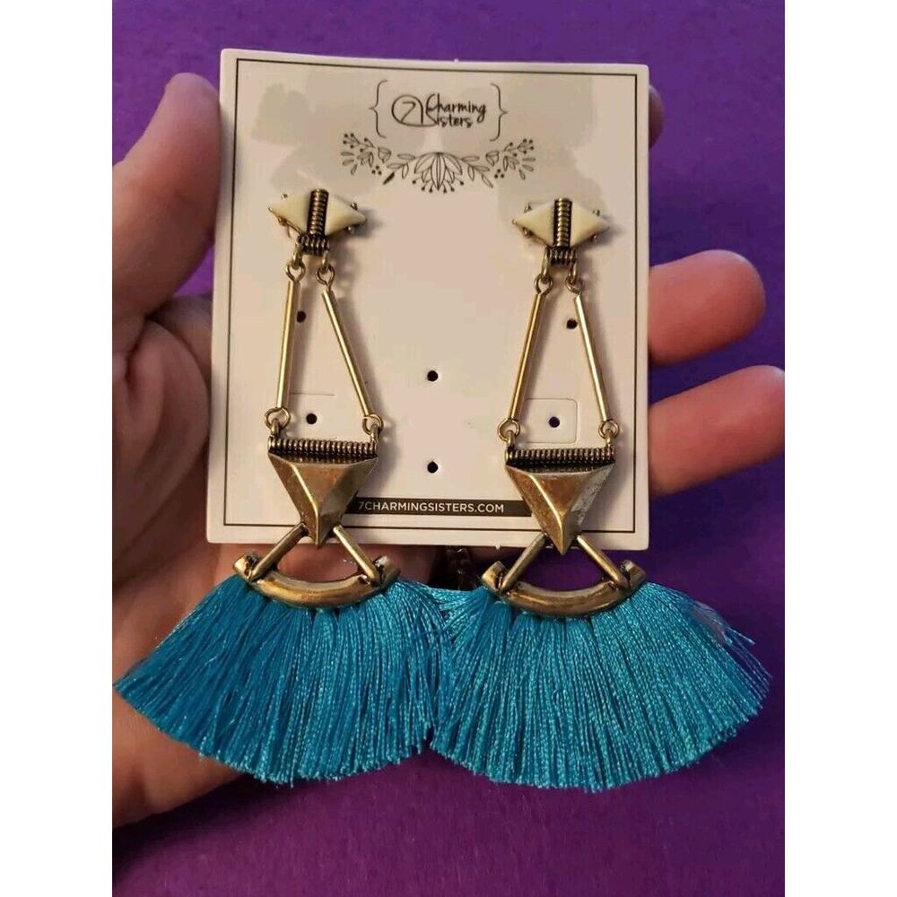Long Dangle Bright Blue Tassel Chandelier Style Earrings Brass Tone Pierced New